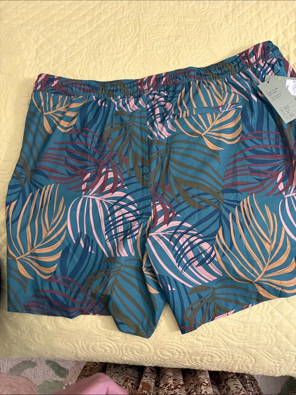 Goodfellow & Co Blue Swim Trunks with Teal and Pink Leaf Waistband